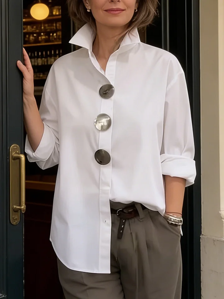 Elegant Stand-collar Metal Buttons Cotton Linen Blouse